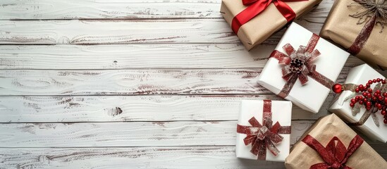 Fototapete - Old white wooden background with Christmas gifts displayed featuring empty copy space image