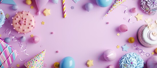 Poster - Lilac background adorned with various party decorations around a vacant space for inserting images. copy space available