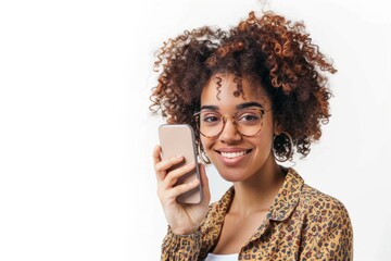 diverse woman using mobile phone isolated on white background with copy space. person on app of smartphone, people and technology.