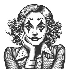 Wall Mural - woman with clown makeup, wearing a suit jacket, resting her chin on her hand sketch engraving generative ai fictional character vector illustration. Scratch board imitation. Black and white image.