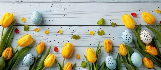 Aufkleber - Top view of a spring themed scene featuring vibrant eggs yellow tulips and copy space on white wood