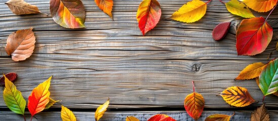 Aufkleber - Wooden background adorned with vibrant autumn leaves ideal for a copy space image