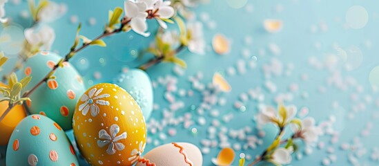 Sticker - Easter themed background featuring decorated eggs with copy space image Wishing you a joyful Easter celebration