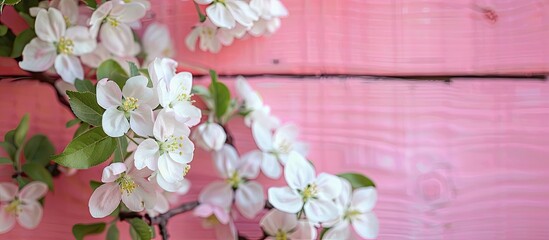 Fototapete - A blooming branch of a spring apple tree against a pink wooden backdrop providing a picturesque copy space image
