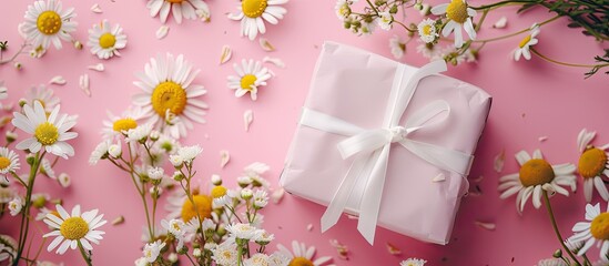 Poster - Chamomile flowers with a present on pink backdrop offering copy space image Top down view