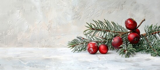 Aufkleber - Spruce branch and Christmas garnet fruit displayed against a textured white background with a large copy space image