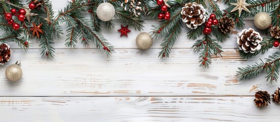 Fototapete - Festive Christmas decor border on rustic white wood with space for text Versatile for Christmas cards or backgrounds Toned copy space image
