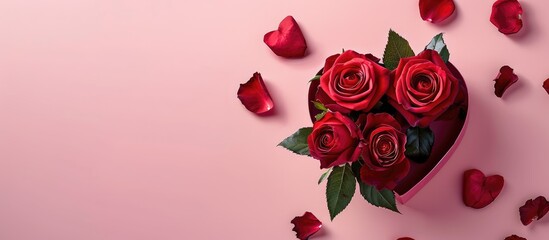 Poster - A Women s Day card featuring red roses a heart shaped box set against a pink background with space for a personalized message in a copy space image