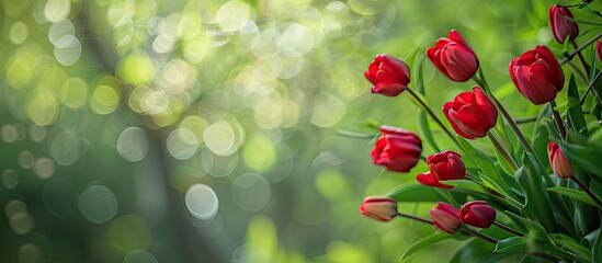 Aufkleber - Spring floral backdrop with cherry blossom branches focused perspective Red tulip frame outdoors on a green background with copy space image