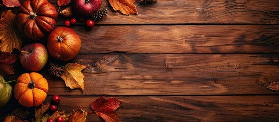 Wall Mural - Wooden table background decorated with autumn leaves and fruits creates a scenic copy space image