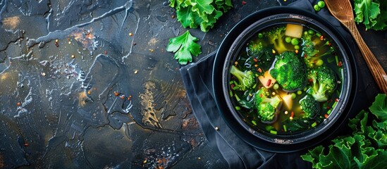 A vegetarian first course option featuring broccoli and other vegetables in a vegan broth ideal for keto or paleo diets with a rustic background and space for text in the top view copy space image