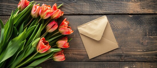 Poster - An old wooden surface displaying spring tulips and an envelope with copy space image