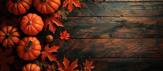 Wall Mural - Pumpkins in orange hues arranged with autumn maple leaves on a wooden backdrop creating a warm fall copy space image
