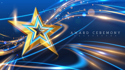 Wall Mural - golden star on a vibrant blue background with swirling lights, perfect for award ceremonies and cele