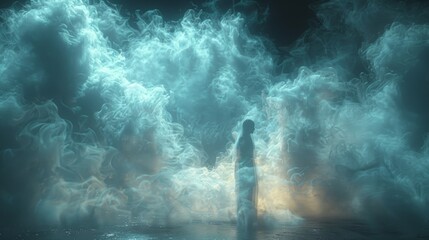 Cinematic capture of a silhouette of a person seeking in whispers, cinematic volumetric smokes.