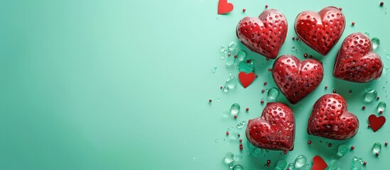 Aufkleber - Valentine s Day card featuring red hearts on a green background with a copy space image available