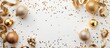 © Gular - Festive Christmas flat lay with golden ornaments ribbons and confetti on a white surface perfect for text or images. copy space available