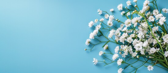Poster - Flat lay of white flowers arrangement over a blue background in a copy space image