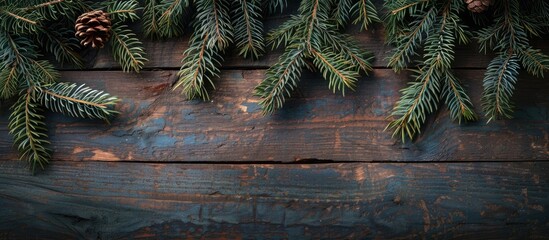 Aufkleber - A festive Christmas backdrop featuring spruce branches against a rustic wooden surface with copy space image
