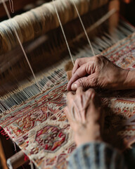 A close-up of an artisan's hands weaving a traditional textile on a wooden loom