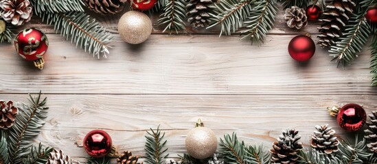 Fototapete - A festive Christmas arrangement featuring fir branches ornaments on a pale wooden backdrop creating a framed flat lay with a top view and area for text or images. copy space available