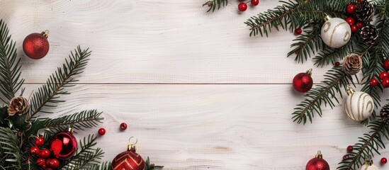 Fototapete - A festive Christmas arrangement featuring fir branches ornaments on a pale wooden backdrop creating a framed flat lay with a top view and area for text or images. copy space available