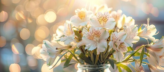 Poster - Close up of a glass jar with a beautiful bouquet of white alstroemeria flowers illuminated by the sun ideal for a copy space image