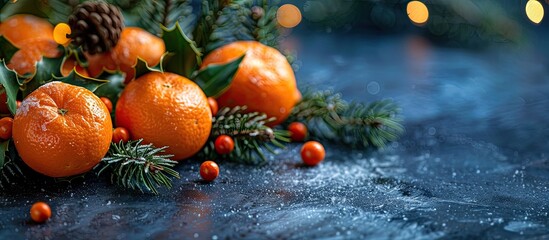 Fototapete - Winter themed background featuring tangerines a fir branch wreath and selective focus for copy space image during Christmas and New Year celebrations