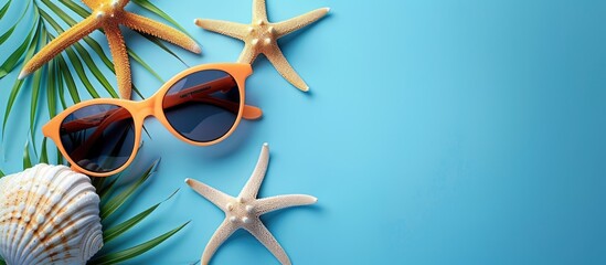 Poster - Enjoy holiday concept with sunglasses featuring starfish on a serene blue background Copy space image included