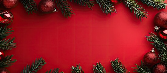 Fototapete - Top view table top frame with pine branches red paper texture and Christmas baubles creating a festive background for a greeting card with copy space image