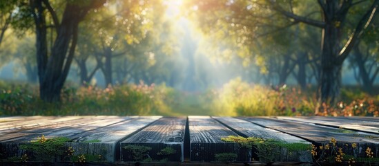 Poster - Blurry nature background with a table top perfect for adding text or graphics with copy space image