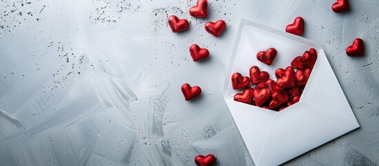 Fototapete - A spill of red hearts from a white envelope adding a touch of emotion to the copy space image