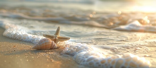 Poster - A serene beach scene with seashells a starfish and a lovely copy space image