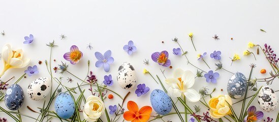 Poster - Easter eggs crocuses and other spring flowers on a white background with copy space image perfect for an Easter greeting card border template