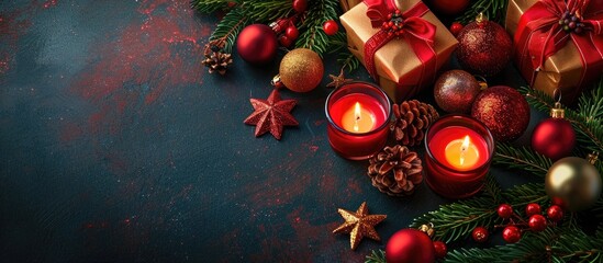 Poster - A festive arrangement of Christmas gifts a decorated tree with candles and colorful ornaments like stars and balls on a dark backdrop with copy space image