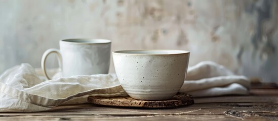 Wall Mural - Close up of a white ceramic bowl and mug on a wooden surface with copy space image