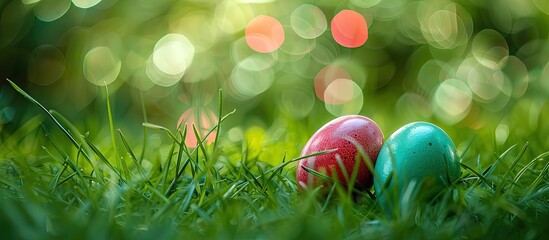 Aufkleber - Spring grass hosting vibrant eggs creating a cheerful Easter themed copy space image