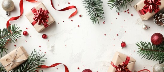 Poster - Top view of a festive Christmas background featuring tree branches decorations gift boxes with ribbons on a white background perfect for adding text with copy space image