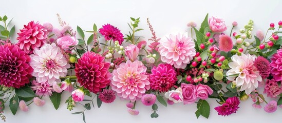 Poster - Overhead view of a festive floral arrangement featuring pink fuchsia and dahlias on a white background with copy space image symbolizing special occasions like birthdays Mother s Day Valentine s Day