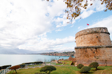 Sticker - Beautiful landscape with fortress tower near the sea. Antalya, Turkije