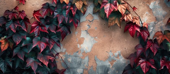 Poster - Vibrant burgundy and green leaves of Parthenocissus quinquefolia on a house wall ideal for autumn themed copy space image with space for text integration