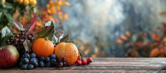Wall Mural - An autumnal arrangement on a wooden table with copy space image