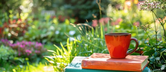 Sticker - Morning time in a green garden with a red ceramic coffee cup an old book and copy space image