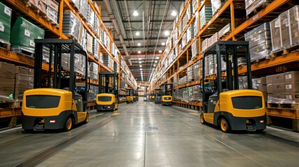 Wall Mural - Automated Guided Vehicles (AGVs): Enhance warehouse and manufacturing efficiency by autonomously transporting materials, ensuring safety and productivity.
