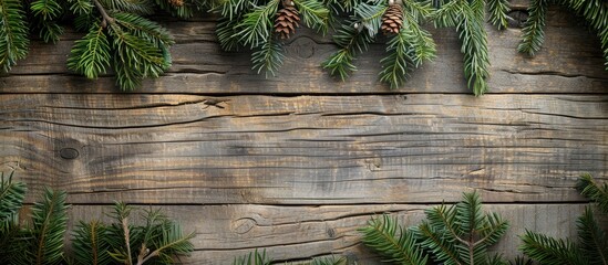 Aufkleber - A festive Christmas backdrop featuring spruce branches against a rustic wooden surface with copy space image
