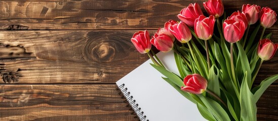 Poster - Top view of a rustic wooden desk with a beautiful bouquet of tulips and a blank white notebook creating a delightful spring themed copy space image