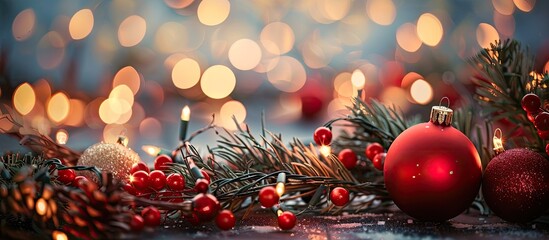 Poster - A red ball and garland are part of the festive Christmas decorations in the copy space image