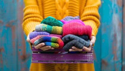 Diverse clothing donations  volunteers holding box filled with colorful clothing items