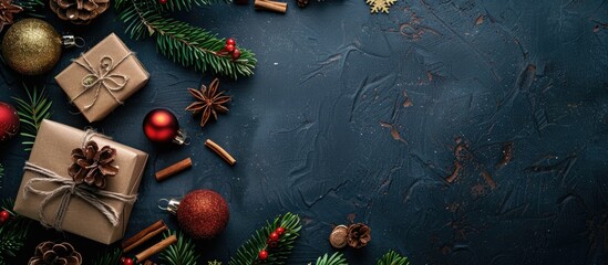Fototapete - Top down view of Christmas decorations presents and fir branches on a dark table for a copy space image illustrating the theme of Christmas and other festive occasions