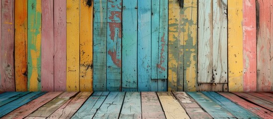 Aufkleber - Vintage wallpaper featuring a colorful wood plank wall with a blurred copy space image in focus